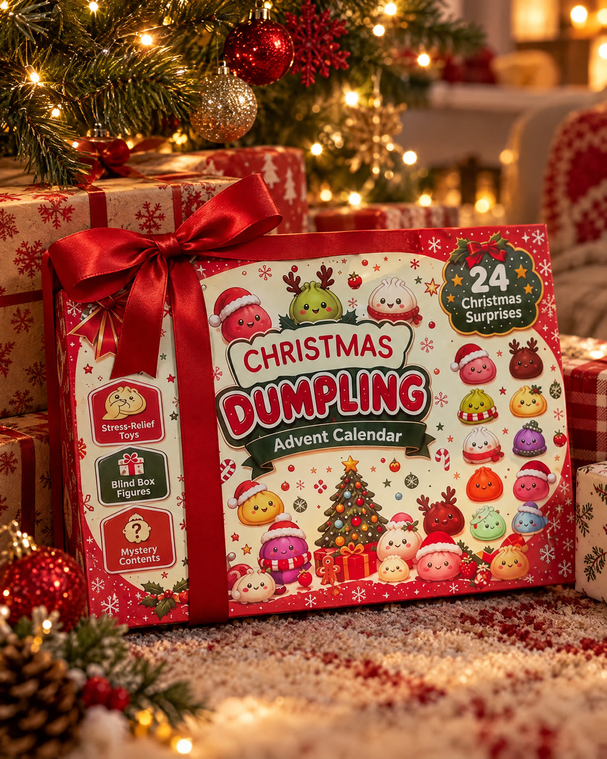 The calendar wrapped with a red ribbon under the Christmas tree