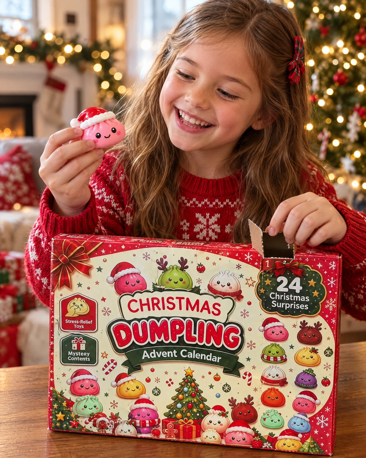 Girl opening a door of the Christmas Dumpling squishy advent calendar