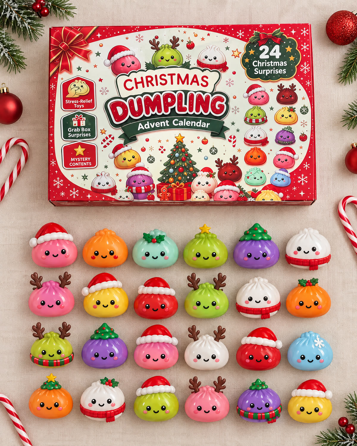 The calendar with all 24 dumpling squishies laid out