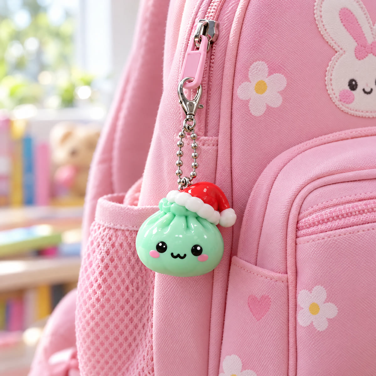 Free dumpling squishy keychain on a backpack