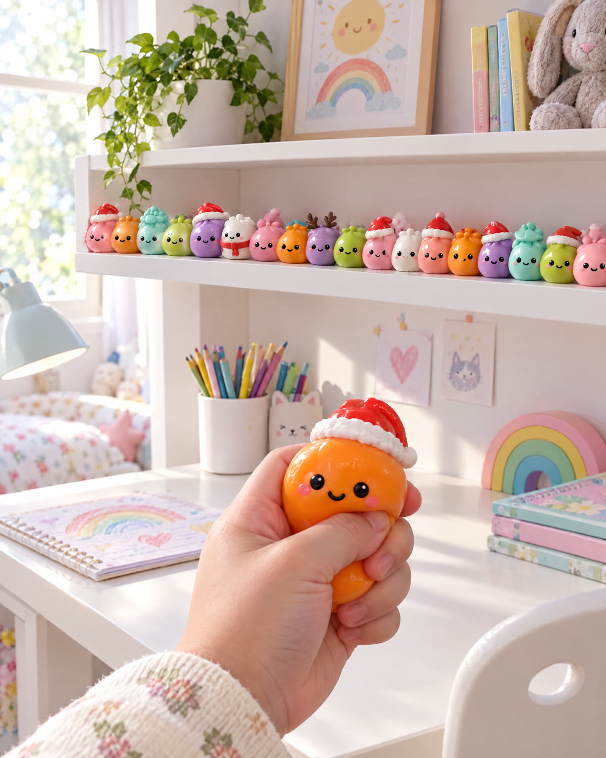 Dumpling squishies lined up on a shelf in a kid's room